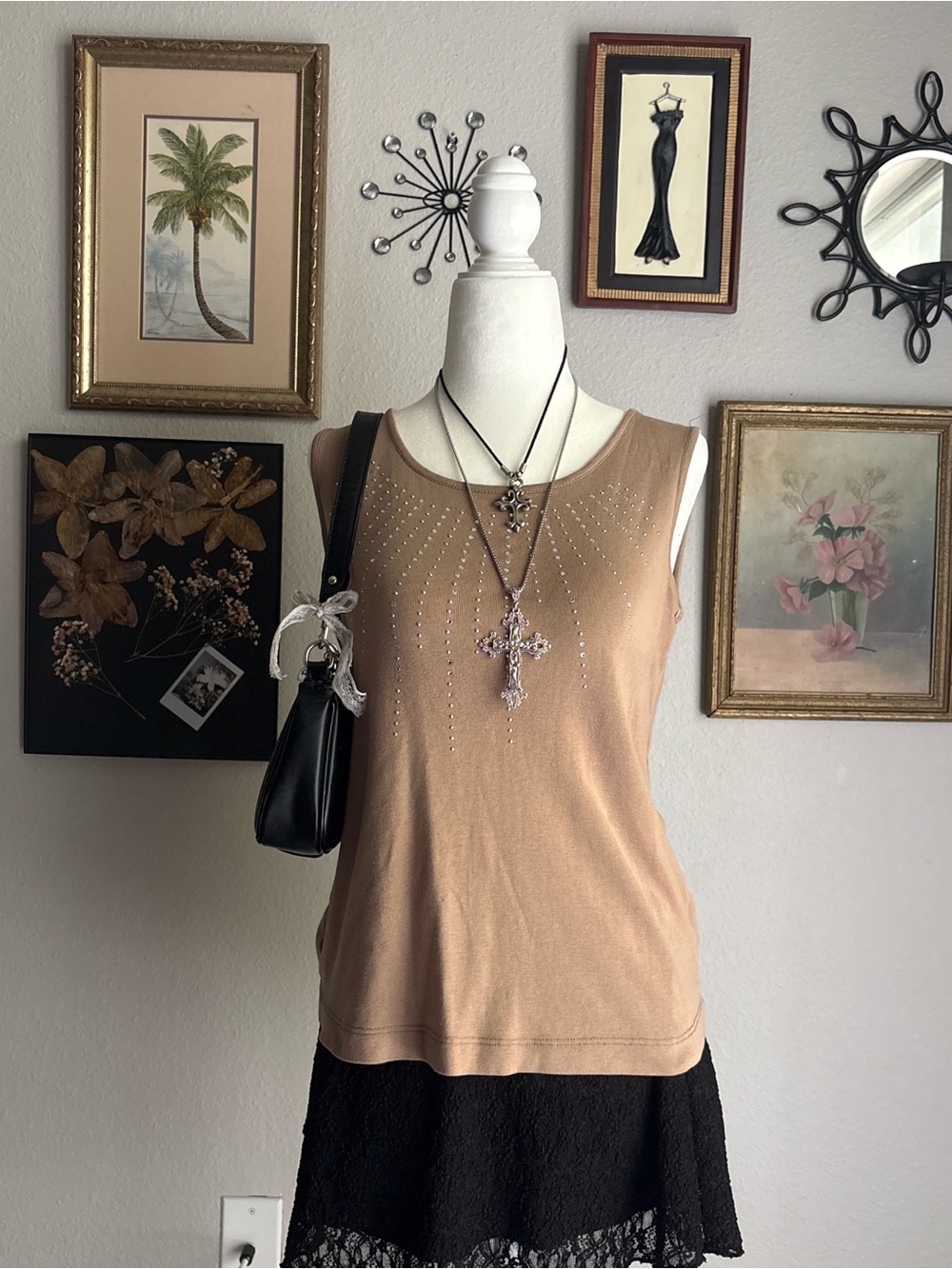 Sleeveless Embellished Tank Top - Tan
